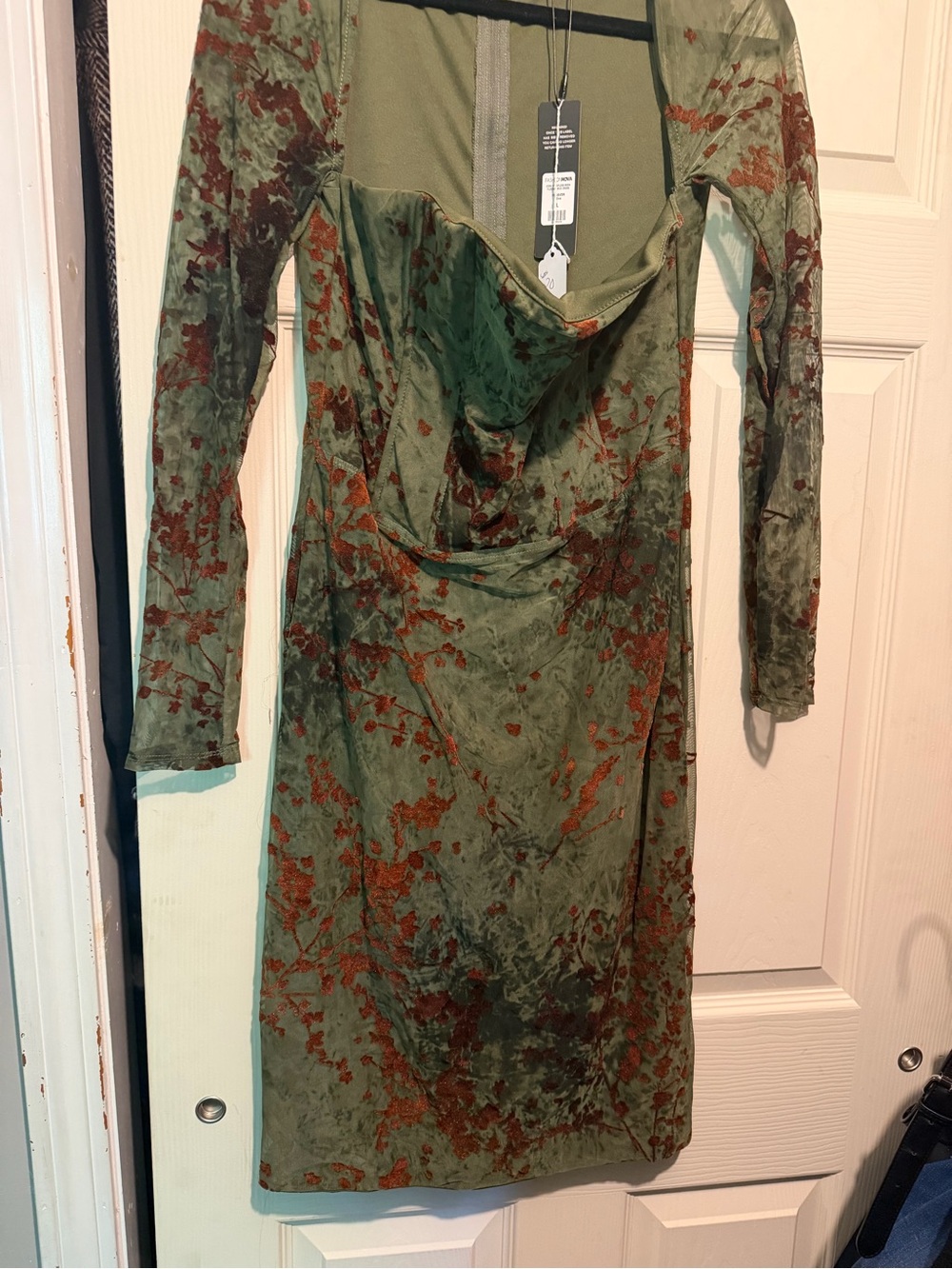 Fashion Nova Olive Green Velvet Floral Cowl Long Sleeve Dress